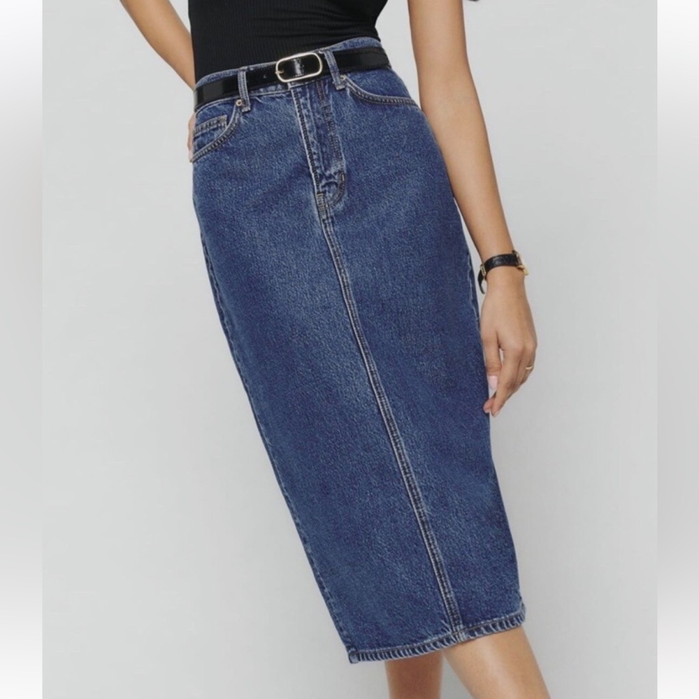 Reformation Jeans Jayde High Rise Blue Denim Midi Skirt